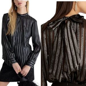 NEW J. Crew Metallic Black Silk Chiffon Mockneck Bow Tie Neck Blouse - XXS